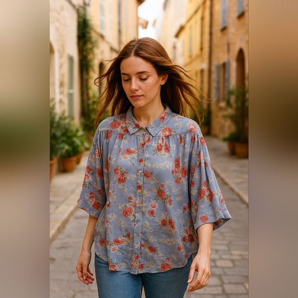 Seduction Dropped Shoulder  Blouse, Blue Floral, M - Picture 1 of 9